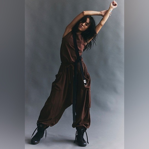 FP Movement by Free People Pants - FP Movement Scrimmage Onesie Harem Jumpsuit high neck chocolate cargo baggy